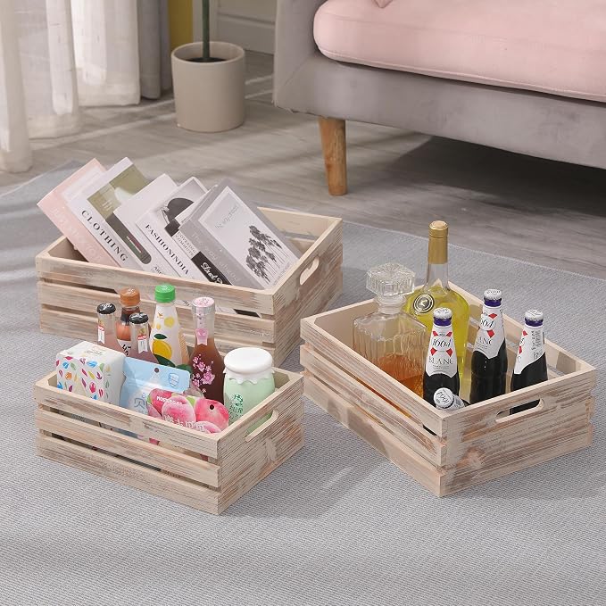 Large Size Wood Crates for Storage, Decorative Vintage Walnut Wooden Boxes for Display, Handmade Solid Wood Set of 3 Rustic Crates (Walnut) - Image 6