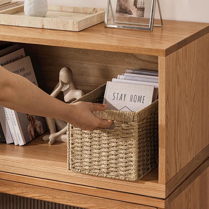 UBBCARE 4 Pack Wicker Basket, 13.4L×8.3H×7.1W inch Woven Paper Rope Storage Baskets for Shelves, Foldable Rectangular Storage Baskets with Handle, Storage Basket for Organizing, Natural - Image 5