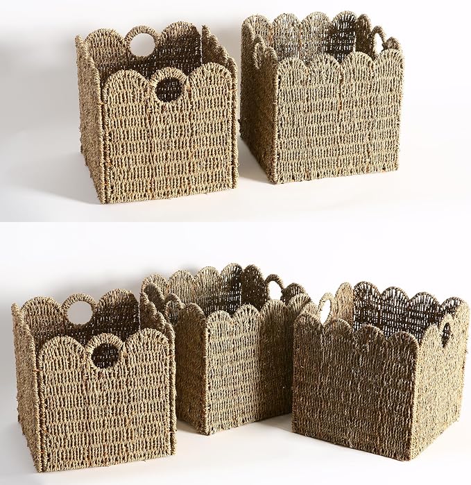 Scalloped Wicker Storage Cubes Basket, 12”x12“ Heavy Duty Paper rope/Hyacinth/Seagrass Baskets for Shelves, Foldable Natural Boho Square Bins (Seagrass&12 x 12 x 12in&4-Pack) - Image 7