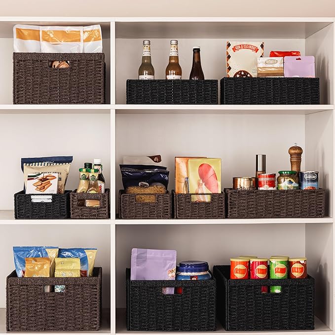UBBCARE 4 Pack Wicker Basket, 13.4L×8.3H×7.1W inch Woven Paper Rope Storage Baskets for Shelves, Foldable Rectangular Storage Baskets with Handle, Storage Basket for Organizing, Dark Brown - Image 7