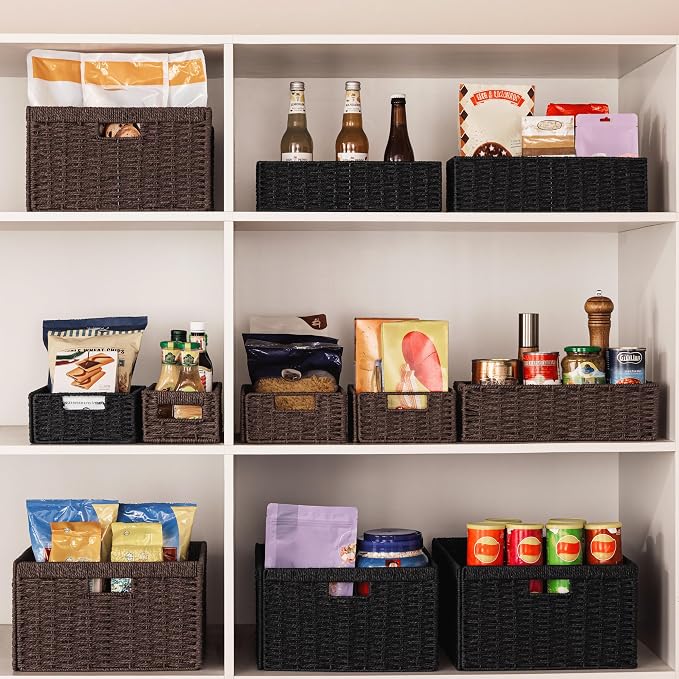 UBBCARE 2 Pack Wicker Basket, 11.5L×7.5H×3.5W inch Woven Paper Rope Storage Baskets for Shelves, Foldable Rectangular Storage Baskets with Handle, Storage Basket for Organizing, Black - Image 5