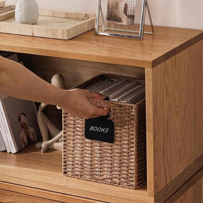 UBBCARE 4 Pack Small Wicker Basket, 9×9 Storage Cubes with Label, Foldable Cube Storage Bin with Handle, Square Storage Basket for Shelves, Woven Paper Rope Basket for Organizing, Caramel - Image 4