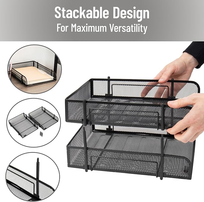 Mind Reader 2-Tier Stackable Paper Tray, Metal Mesh Desk Organizer for Files, Documents, and Mail, Office Desktop Storage, Set of 2, Black - Image 4