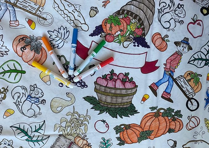 Thanksgiving and Fall Fun Design – Square Tablecloth 60”X60”– Interactive Coloring Tablecloth for Kids - Poly/Cotton Fabric - Washable and Reusable – DIY Activity for Children and Adults by TheColoringTable