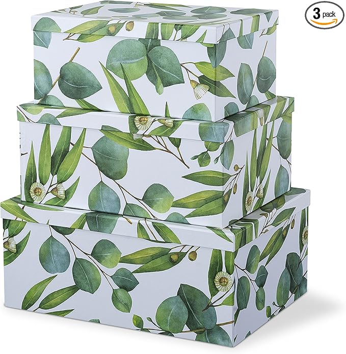 Soul & Lane - Sprigs of Green Decorative Storage Boxes with Lids, Set of 3 | Large Green Nesting Cardboard Boxes for Keepsakes, Photos and Gifts, Memory Containers for Home Decor and Organization by SoulLane