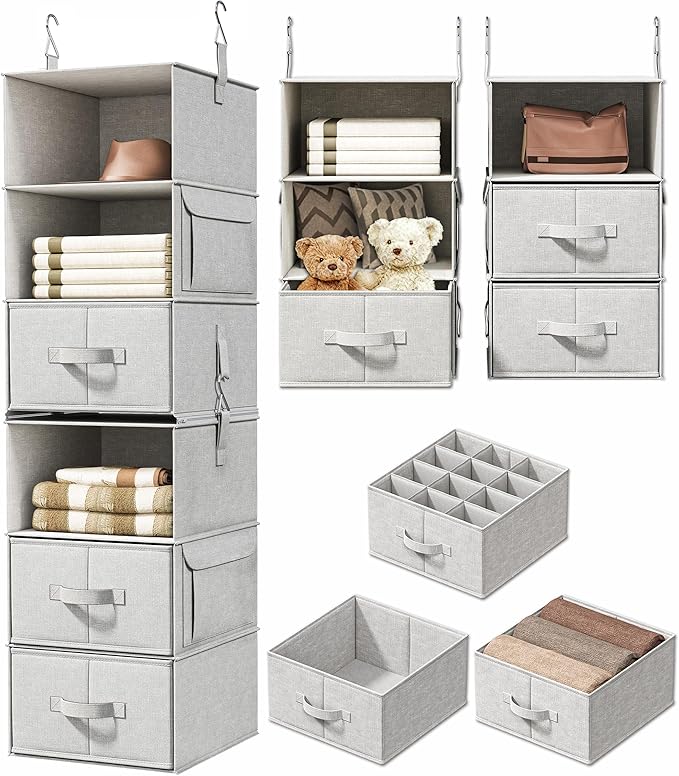 6-Shelf Hanging Closet Organizer with 3 Drawers, Separable, Silver Gray | Converts into Two 3-Shelf Organizers, Foldable Drawers, Side Pockets, Ideal for Wardrobe, Nursery, Dorm & Closet Storage by Vailando
