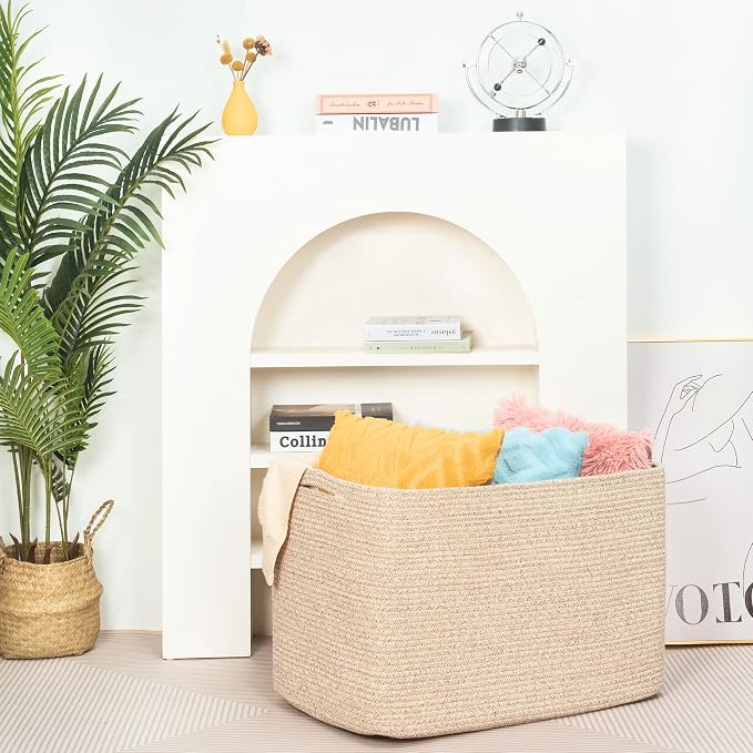 112L Extra Large Blanket Basket Holder Living Room, 25"x17"x16" Rectangle Rope Woven Storage Basket with Handles for Laundry, Towels, Shoes, Dog Toy Organizer Bin Box, Oatmeal Brown - Image 6
