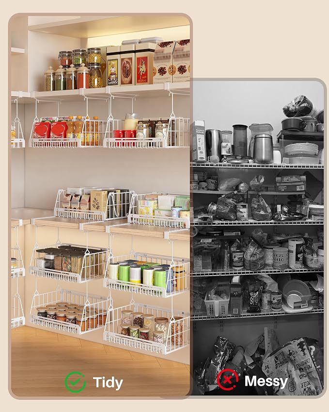 2 Pack Under Shelf Organizer Hanging Under Shelf Storage Basket,White | Extendable heavy-duty metal under shelf basket, sturdy & durable, fits kitchen, pantry, closet, office, adjustable length - Image 6