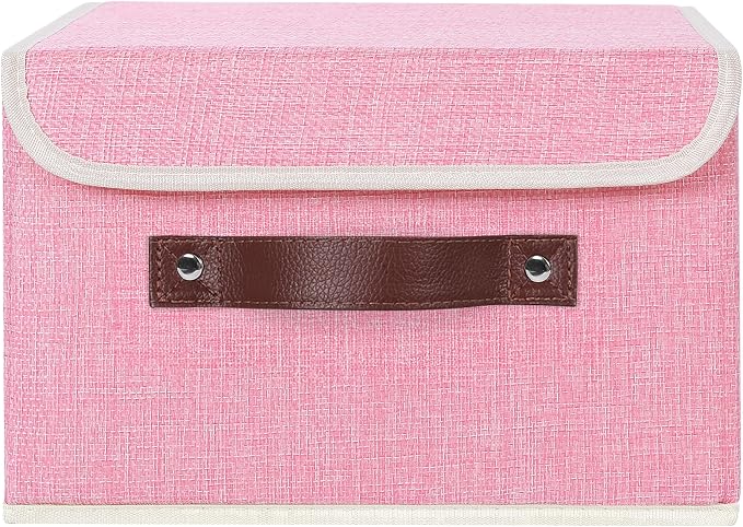 ANMINY Fabric Storage Box Bins with Lids, Pink, 10"x8"x7" | Keepsake Memory Storage, Cotton Linen, PP Board Reinforced, Washable, PU Handles, Foldable & Stackable, Decorative, Small - Image 2
