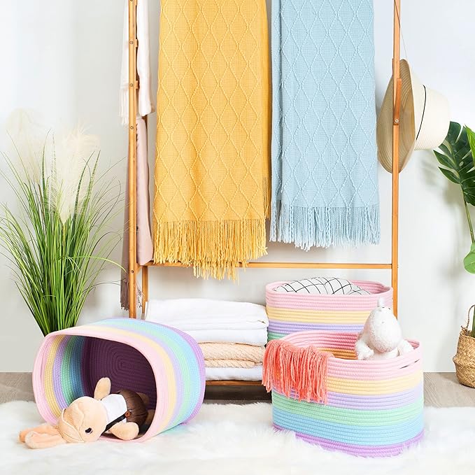 3-Pack Storage Baskets and Cube Bins for Shelves, Playroom and Classroom, Decorative Woven Closet Organizers for Books, Shoes, and Pantry Items, Pastel Rainbow - Image 5