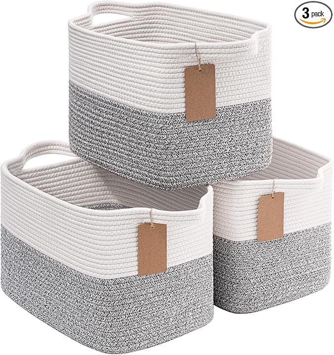Goodpick Storage Baskets for Shelves, Woven Rope Basket for Storage, Baskets for Organizing, Nursery Cube Bins with Handles, Decorative Square Basket, 13 x 10 x 9 Inches, 3 Pack by Goodpick
