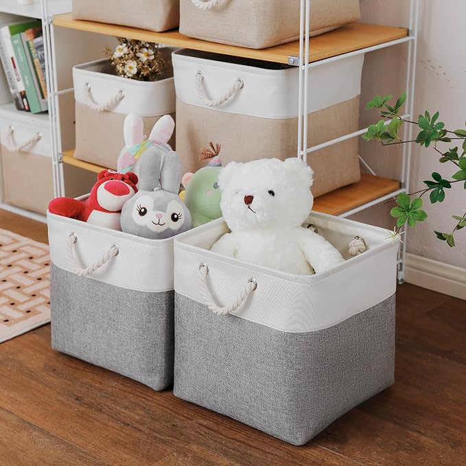 MidmmVick 13 x 13 Inch Cube Storage Bins, 4 Pack Large Collapsible Fabric Storage Bin with Ropes, Foldable Storage Cubes for Home, Office,Closet, Clothes, Toys Organizer (White & Grey) - Image 3