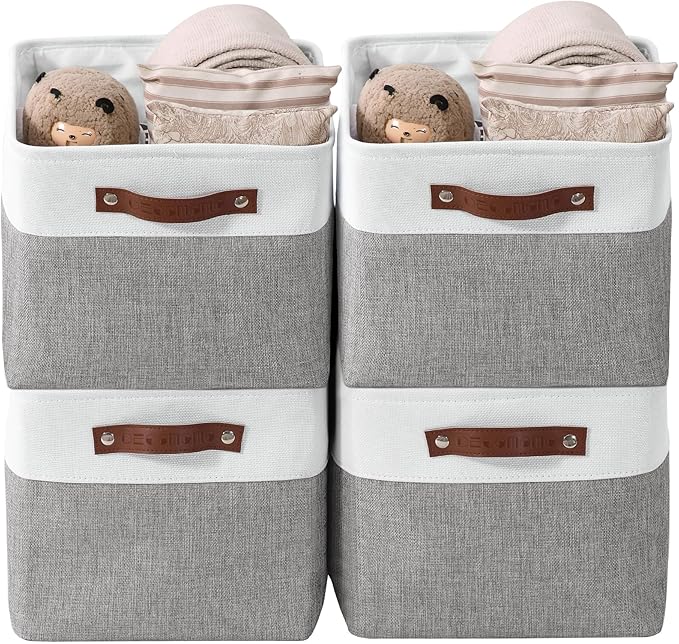 DECOMOMO Storage Bins, Large Fabric Storage Baskets for Shelves 4 Pack | 15 x 11 x 9.5 inches Decorative Linen Closet Organizers (Grey & White) by DECOMOMO