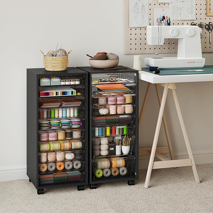 Storage Drawer Cart, Mobile Storage Cabinet, Makeup Storage with 10 Large Clear Drawers, Utility Wooden Rolling Cart on Wheels, for Cosmetic, Art Craft, Office Supplies, Toy, Black - Image 2