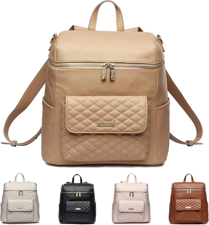 Large Diaper Bag Backpack by Luli Bebe - Designer Modern Vegan Leather Stylish Baby Backpack Diaper Bag for Mom, Multipurpose, Roomy, with Changing Pad (Latte Brown) by LuliBeb%C3%A9