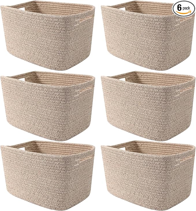 6 Pack Woven Rope Baskets, 12.6"×9"×7.8" Storage Bins, Brown | Storage Boxes for Toys, Books, Towels, Clothes, Shelf Baskets Organizer,Empty Gift Baskets for Living Room, Bathroom, Bedroom by HZFTJOY