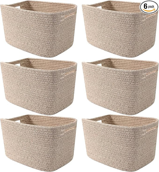 6 Pack Woven Rope Baskets, 12.6"×9"×7.8" Storage Bins, Brown | Storage Boxes for Toys, Books, Towels, Clothes, Shelf Baskets Organizer,Empty Gift Baskets for Living Room, Bathroom, Bedroom by HZFTJOY
