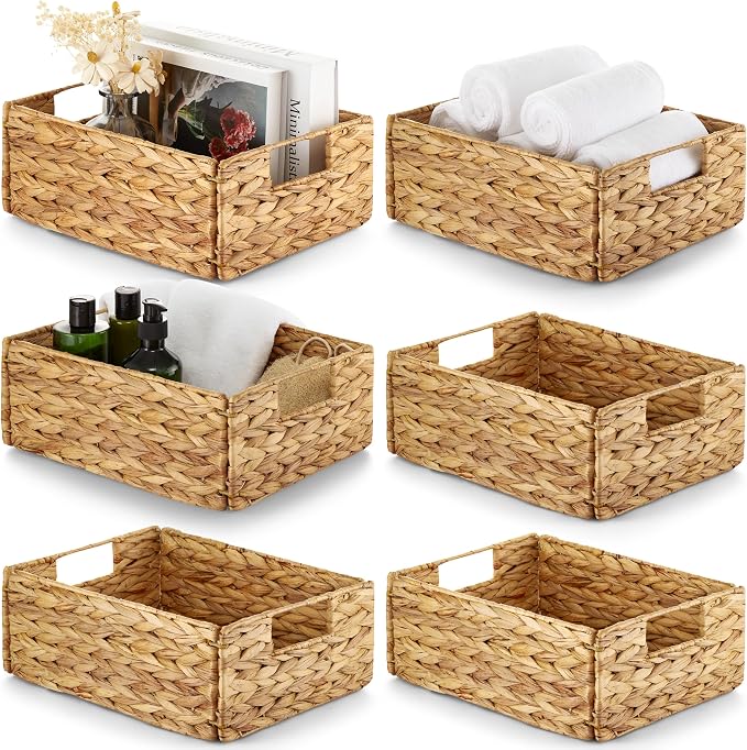 Bluewest Water Hyacinth Storage Baskets, Set of 6, Woven Bins with Handles | Organizer and Laundry Basket with Carrying Handles, Designed as a Rattan Bin for Shelves, Closets and Household Essentials. by BLUEWEST