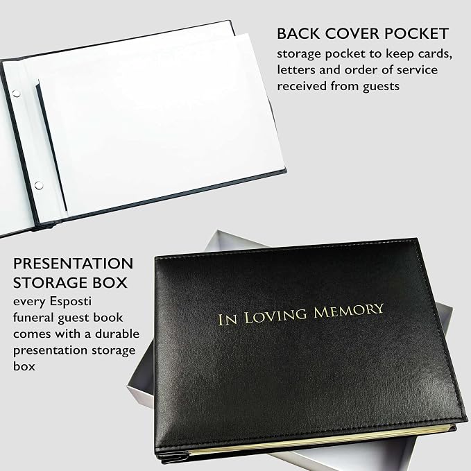 Funeral Guest Book in Loving Memory - 50 Loose Leaf Pages with Gold Gilt Edges & Storage Box - Hardcover Memorial Guest Book & Keepsake Pocket for Condolence Cards - for Funeral Services - Image 7