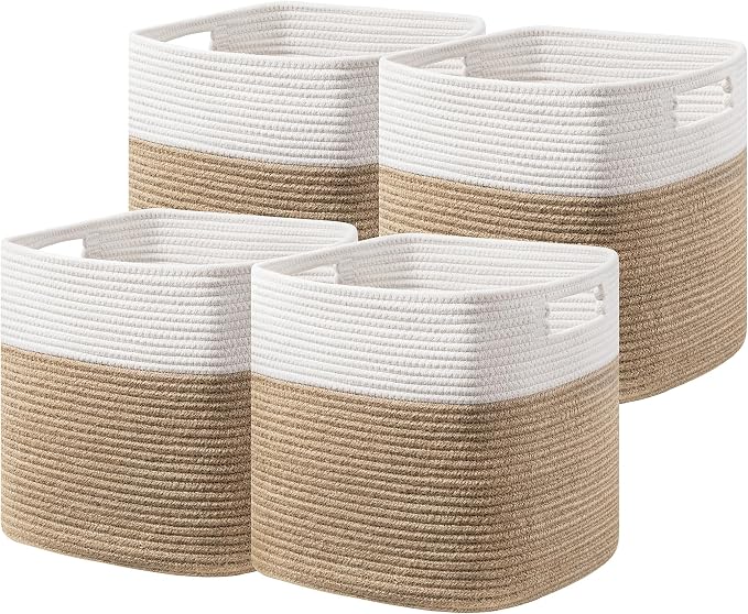 UBBCARE Set of 4 Storage Basket-13 X 13 X 13 in, Cotton Rope Basket for Shelves, Toys, Book, Cube Storage Bins with Handles, Woven Storage Basket for Organizing, White & Jute by UBBCARE