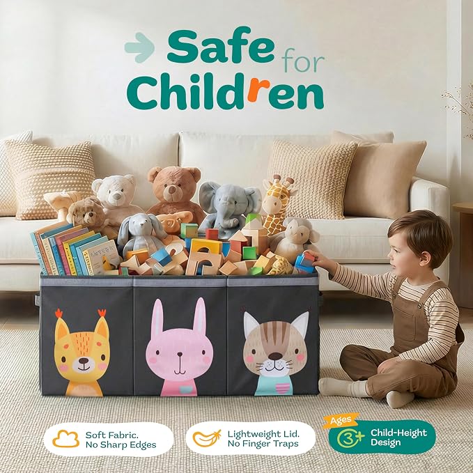 SoftOwl Extra Large Toy Storage Organizer with Lid - Sturdy, Collapsible Toy Chest Storage Box with Cute Design - Toys Bin with Dividers for Kids, Boys, Girls, Nursery, Bedroom, Play room 37"x16"x14" - Image 3