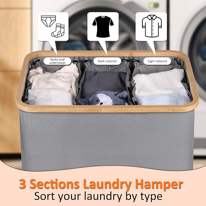 efluky Laundry Hamper with Lid, Trio Laundry Basket with 2 Removable Bags, 3 Section Laundry Bin with Bamboo Handles for Bathroom, Bedroom & Laundry Room, 160L (42.3 Gallon) Silver Grey - Image 4