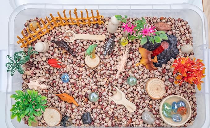 Dinosaur Sensory Bin Kit for Kids | Taste-Safe Pinto Beans, Fossil Skeletons, Trees, Volcano & Durable Wooden Tools – Includes Storage Bin by Unknown