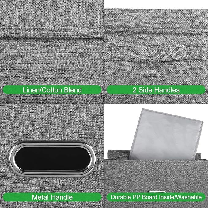 Large Linen Fabric Foldable Storage Bins with Removable Lid and Handles, Washable Storage Box Organizer Containers Baskets Cube with Cover for Bedroom,Closet,Office (Grey, Extra Large(2-Pack)) - Image 2