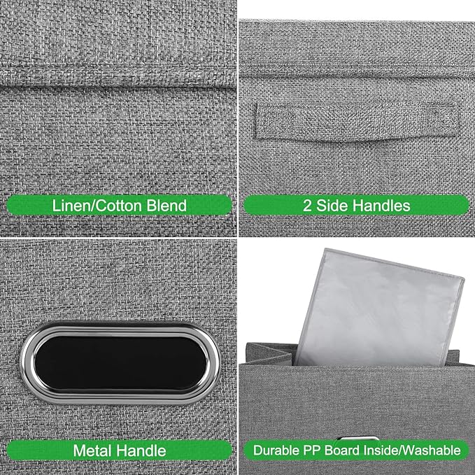 Linen Fabric Collapsible Storage Bins with Removable Lids and Handles, Washable Storage Box Containers Baskets Cube with Cover for Bedroom,Closet,Office,Living Room,Nursery (Grey, Medium) - Image 2