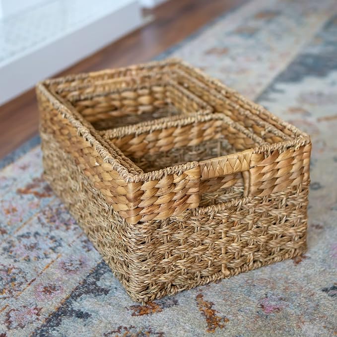 Wicker Storage Basket for Shelves, Set of 4 | Natural Seagrass and Hyacinth, Nesting, Woven Storage Baskets for Organizing Living Room, Shelves, Pantry, Rectangle, Rattan - Image 2
