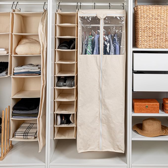 Household Essentials Hanging Shoe Organizer, 10 Wide Cubbies with Cedarline Pockets, Heavy-Duty Cotton Canvas, Removable and Industrial Hooks, Natural - Image 2
