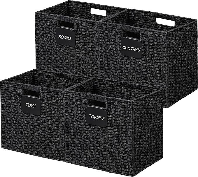 UBBCARE 4 Pack Wicker Basket, 13×13 Storage Cubes with Label, Foldable Cube Storage Bin with Handle, Square Storage Basket for Shelves, Woven Paper Rope Basket for Organizing, Black by UBBCARE