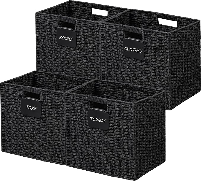 UBBCARE 4 Pack Wicker Basket, 10.5×10.5 Storage Cubes with Label, Foldable Cube Storage Bin with Handle, Square Storage Basket for Shelves, Woven Paper Rope Basket for Organizing, Black by UBBCARE