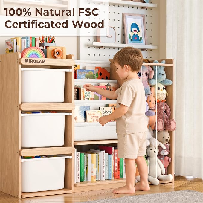 mirolam Toy Storage Organizer and Stuffed Animal Storage - Kids Room Toy Organization with 3 Bins Chest and 3 Tiers Montessori Book Shelf - Toddler Furniture for Playroom - Bedroom Nursery Decor - Image 4
