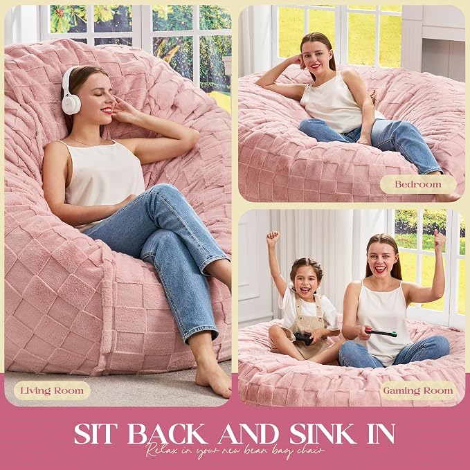 Hobestluk Giant Bean Bag Chairs 6FT Oversized BeanBag Chair for Adult Jumbo | Memory Foam,Washable Cover,Unique Fluffy Plaid,Comfy Bean Bag Bed with Filler Gaming Reading Bedroom Living Room | Pink 6FT - Image 5