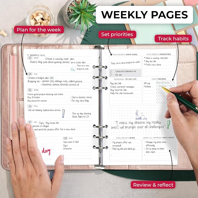 Clever Fox Weekly Planner Binder, Undated Daily A5 Eco Leather Rose Gold | 7 x 10 in with A5 pages, mini 3 ring portfolio organizer, work time manager, day runner, agenda book with monthly calendars - Image 3