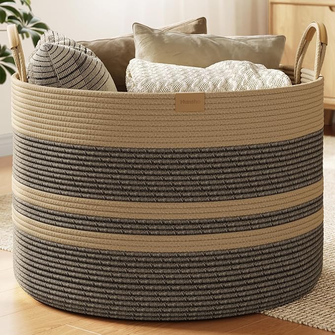 Nunsino 115L Woven Blanket Basket with Leather Handles, Cotton Rope Laundry Basket Hamper,Decorative Nursery Basket Toy Storage Basket for Kids, Living Room, Bedroom, Dark Brown Stripes by Nunsino