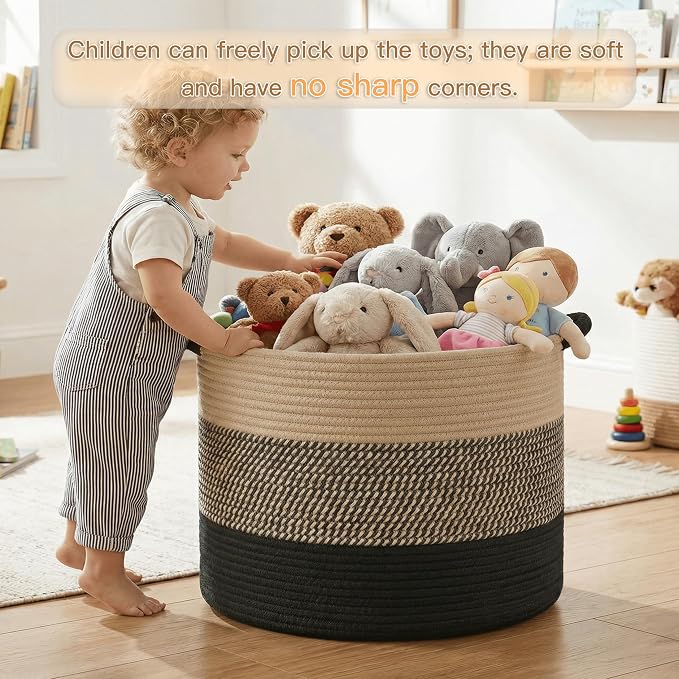 Artfeel 70L Large Cotton Rope Basket, Decorative Woven Blanket Storage for Living Room, Boho Toy Storage & Toy Box for Kids, Versatile Laundry Basket & Nursery Hamper for Blankets(BlackBrown) - Image 3