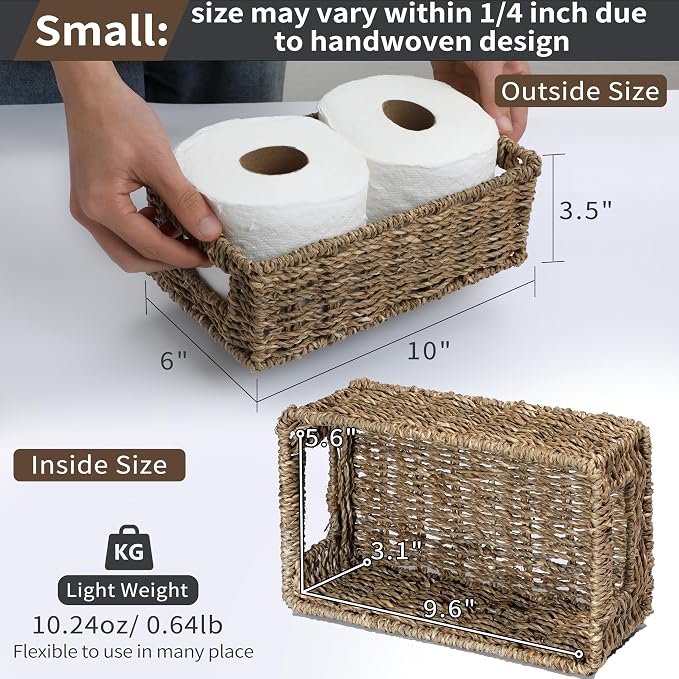 4 Small 3.6 QT Seagrass Wicker Baskets for Shelves, 10" Long Woven Pantry Organizers and Storage Basket, Decorative Ratten Shallow Rectangle Baskets for Organizing Countertop Kitchen - Image 2