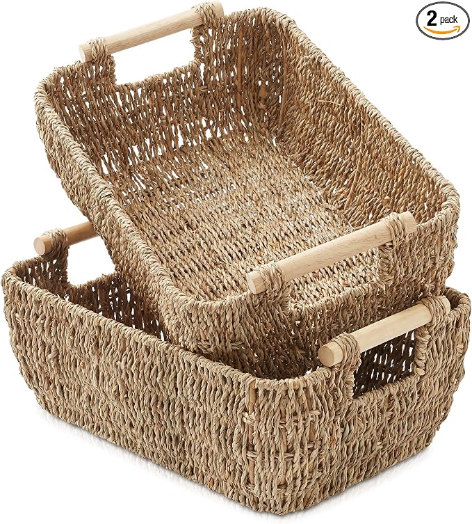 Casafield Set of 2 Seagrass Oval Storage Baskets with Wooden Handles - Medium, Woven Bin Organizers by Casafield