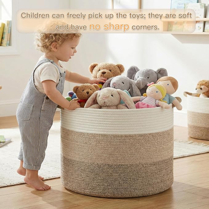 Artfeel 100L Large Cotton Rope Basket, Decorative Woven Blanket Storage for Living Room, Boho Toy Storage & Toy Box for Kids, Versatile Laundry Basket & Nursery Hamper for Blankets(BrownYellow) - Image 2