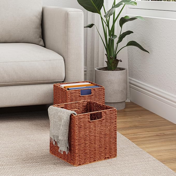 Wicker Storage Basket, Set of 2 Hand-Woven Paper Rope Wicker Basket, Foldable Cube Storage Bins, Square Large Storage Baskets for Organizing Shelves & Decor, Orange (13″×13″×13″) - Image 5