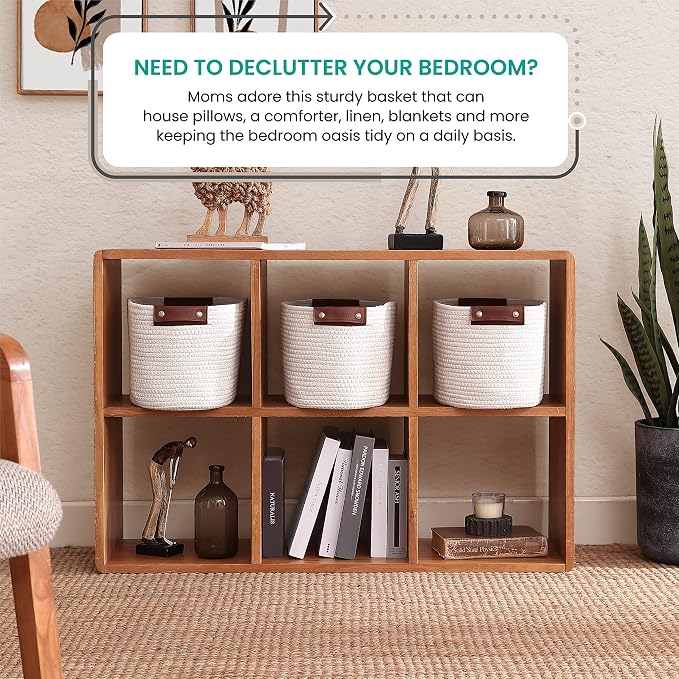 3 Pack Woven Cotton Rope Storage Basket, 15x10x9, Cream | Faux Leather Handles; Decorative Closet Shelf Organizer; Ideal for Storage & Organization - Image 2