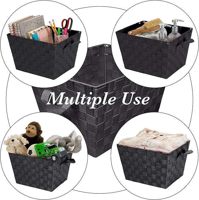 Simplify Medium Woven Strap Tote | Decorative Storage Basket | 2 Handles | Organization | Closet | Bedroom | Bathroom | Nursery | Accessories | Toys | Gifts | 4 Pack | Black - Image 3