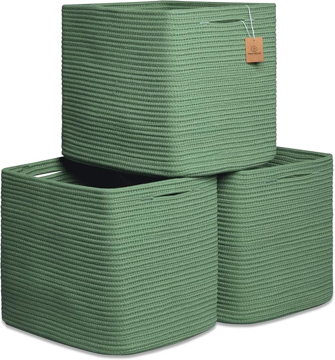NaturalCozy 13x15x13 Kallax Storage Cubes Bins, 3 Pack | Cotton Rope Cube Storage Bin Woven Baskets for Organizing | Kallax Insert Storage Baskets for Shelves Organizer, Kids Toy, Closet Baby Nursery by NaturalCozy
