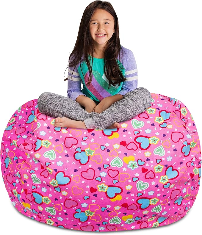 Posh Stuffable Kids Stuffed Animal Storage Bean Bag Chair Cover - Childrens Toy Organizer, X-Large-48 - Canvas Multi-Colored Hearts on Pink by PoshCreations