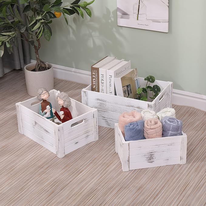 Farmhouse Antique White Wooden Crate For Storage,Rustic Decorative Boxes,Set Of 3 Extra Large Nesting Wooden Storage Crates For Home Decor,Handmade Natural Solid Wood Box (Rustic White) - Image 5