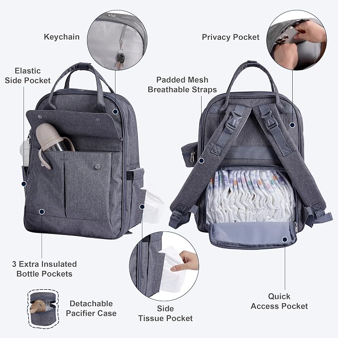 Multi-functional Diaper Bag with Insulated Pockets Gray | Allovely Diaper Bag Backpack, Large 22L Baby Bags for Boys Girls, Multi-functional Travel Diaper Backpack, Stroller Straps - Image 3