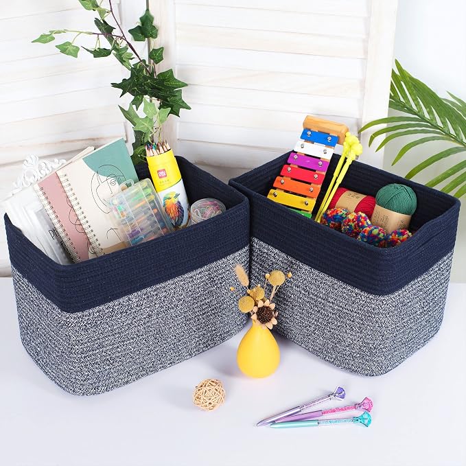 3-Pack Storage Baskets for Shelves, Playroom and Classroom, Book Basket, Decorative Storage Cube Bins, Woven Closet Organizers, Pantry and Shoe Organizer, Navy Blue - Image 2