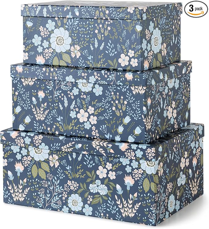 Soul & Lane - Nightfall Bloom Decorative Storage Boxes with Lids, Set of 3 | Large Nesting Cardboard Keepsake Boxes for Photos and Memories, Floral Photo Storage Containers for Home Decor by SoulLane